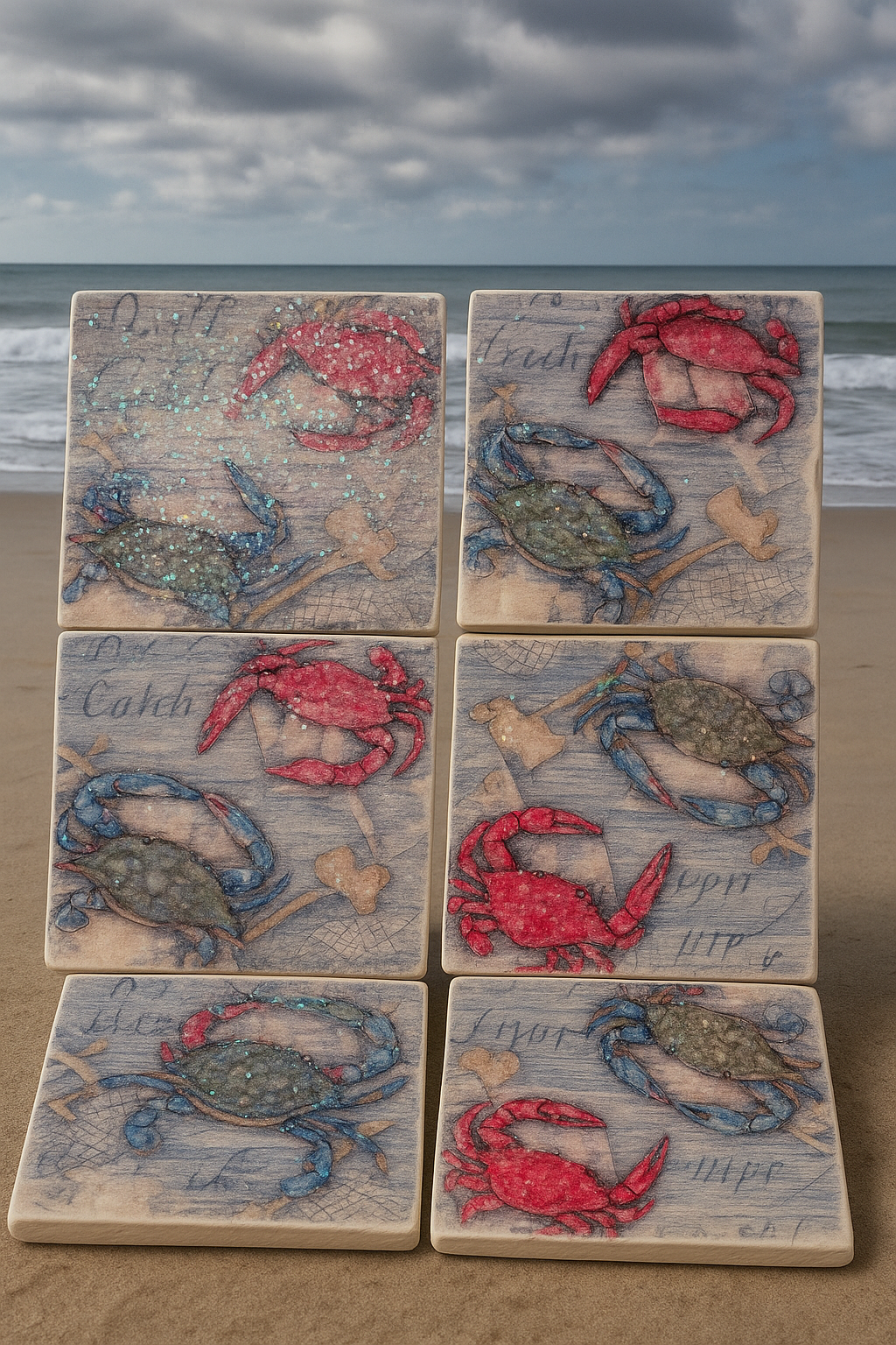 Title:
🦀 Coastal Crab Coaster Set – Nautical Beach Decor with Glitter Finish (Set of 4)