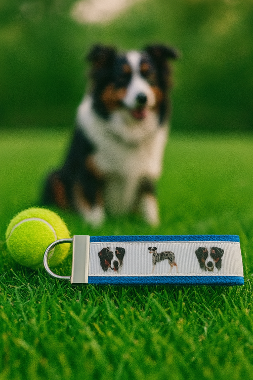 Australian Shepherd Dog Lover Keychain – Blue Webbing