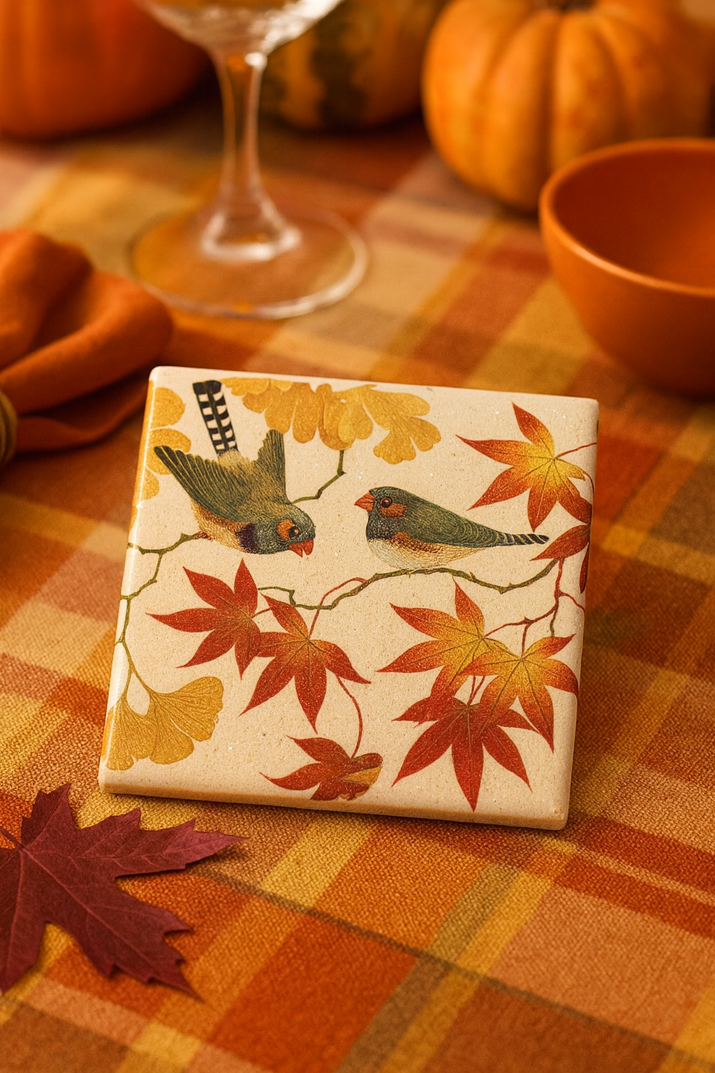 Set of 4 Autumn Bird & Maple Leaf Ceramic Coasters – Elegant Fall Table Décor