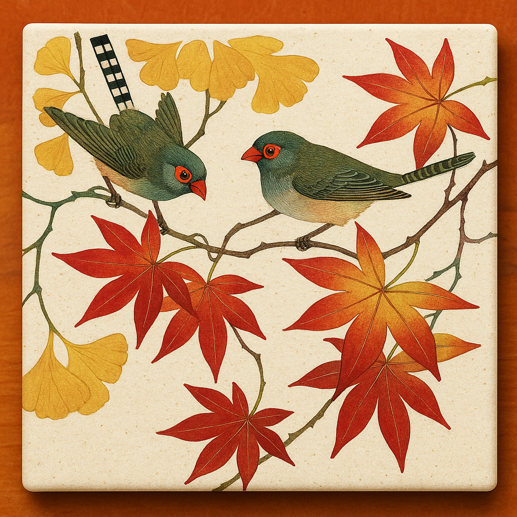 Set of 4 Autumn Bird & Maple Leaf Ceramic Coasters – Elegant Fall Table Décor
