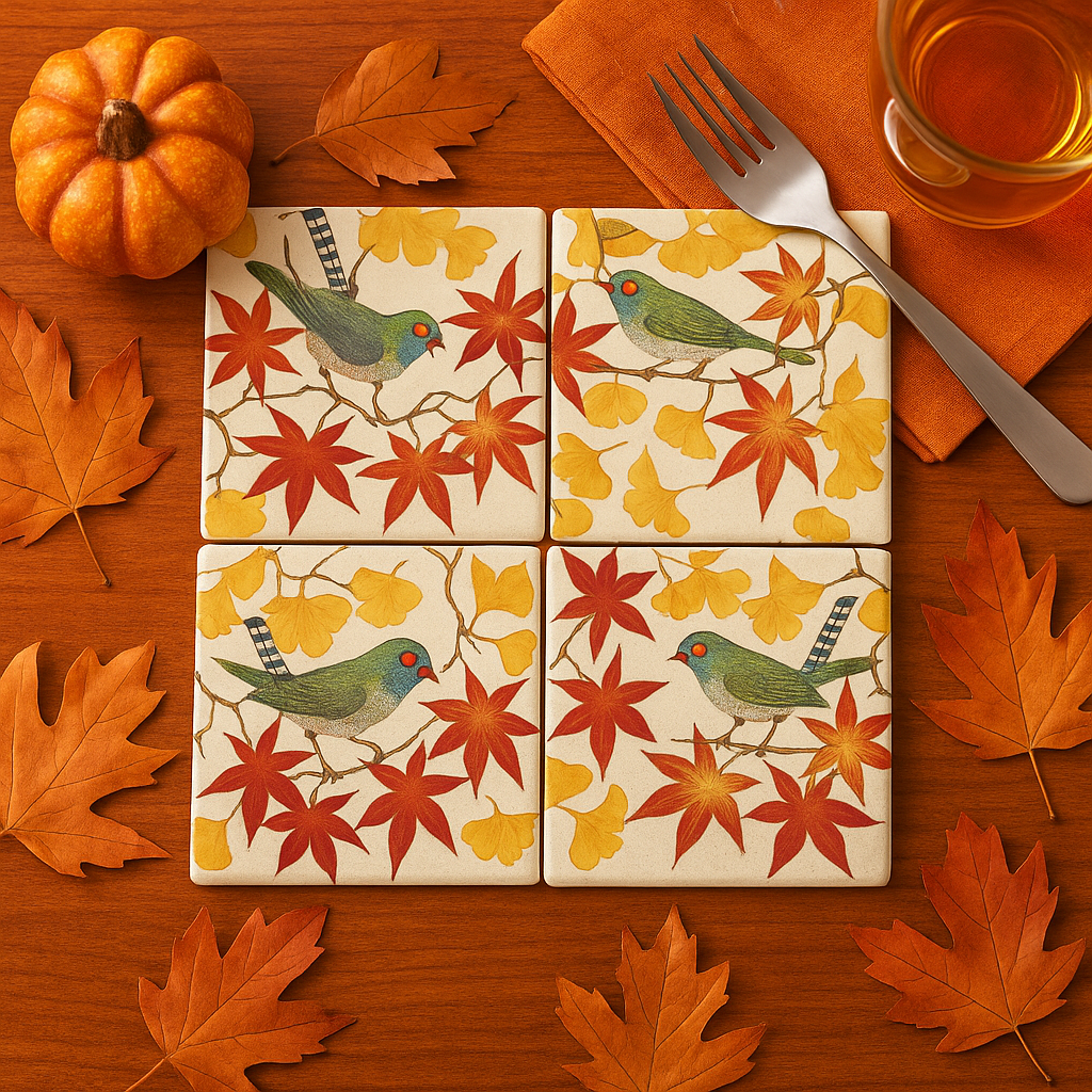 Set of 4 Autumn Bird & Maple Leaf Ceramic Coasters – Elegant Fall Table Décor
