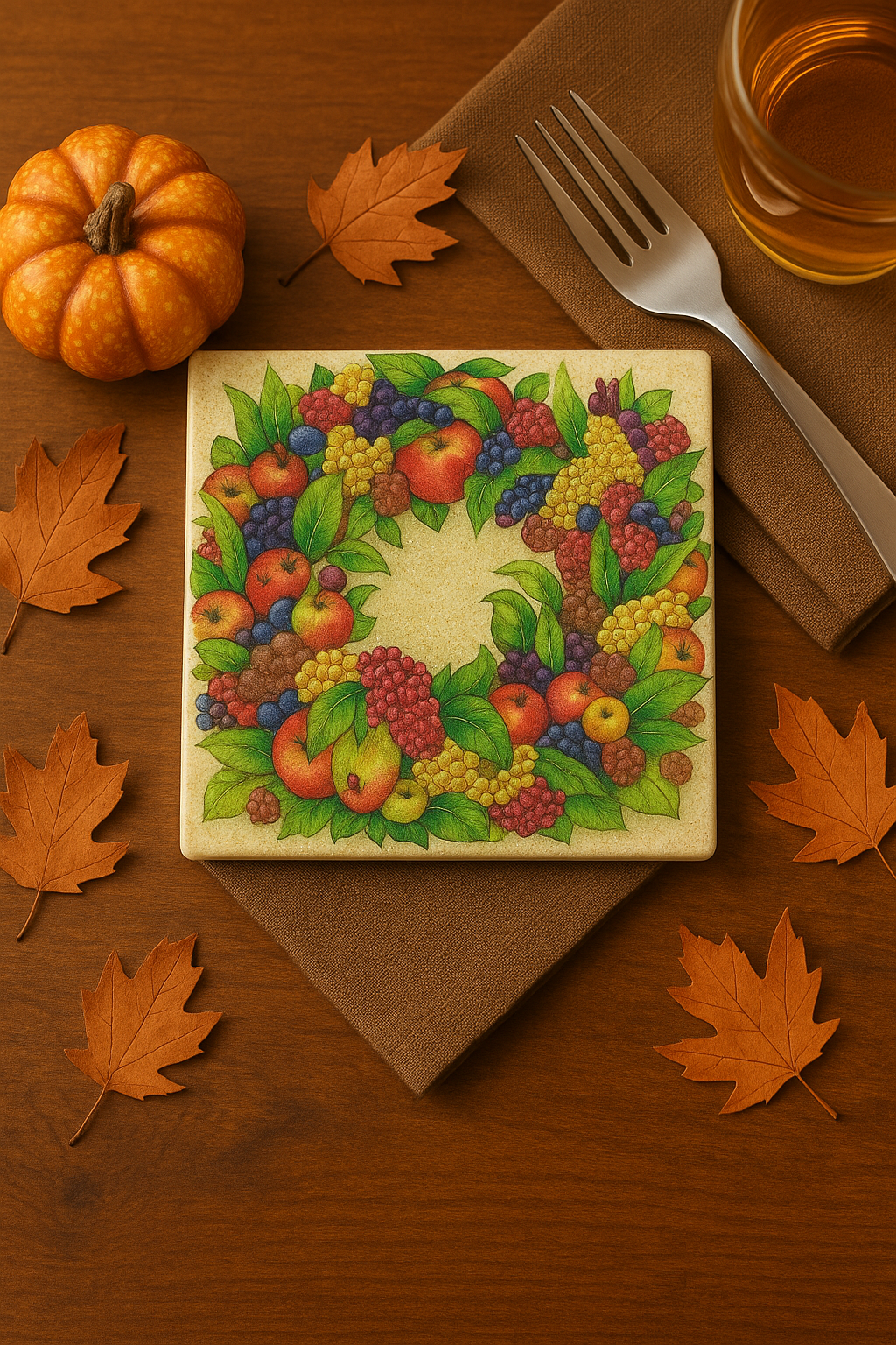 Set of 4 Autumn Fruit Wreath Ceramic Coasters – Rustic Fall Table Décor