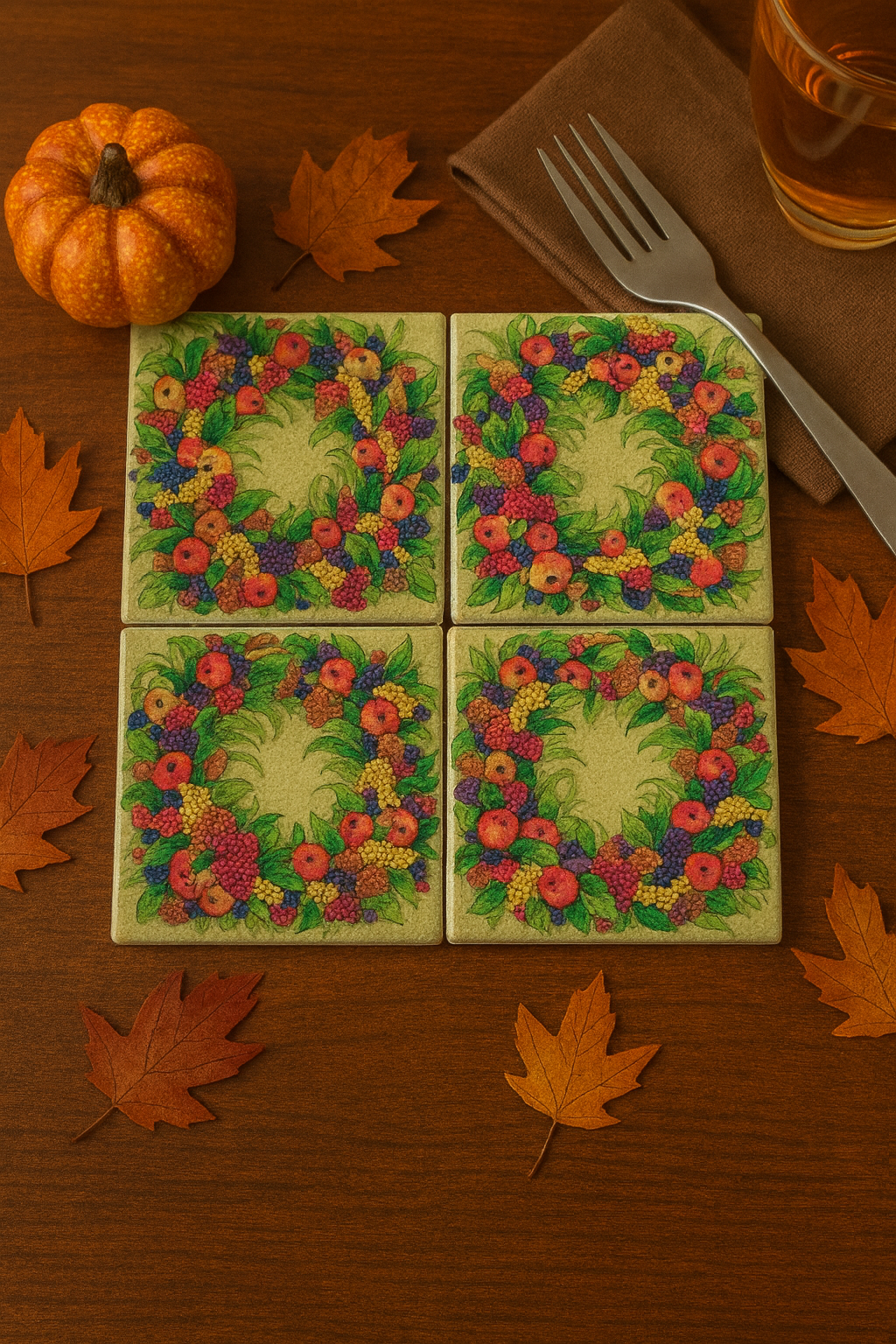 Set of 4 Autumn Fruit Wreath Ceramic Coasters – Rustic Fall Table Décor