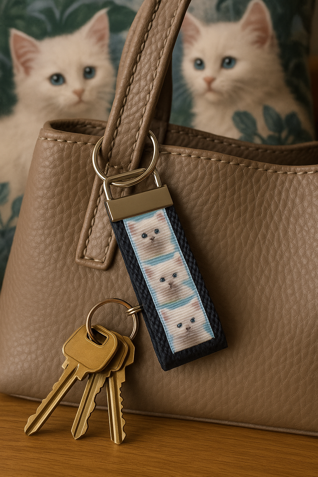 White Kitten Keychain Wristlet – Cute Cat Lover Gift – Hands-Free Key Holder