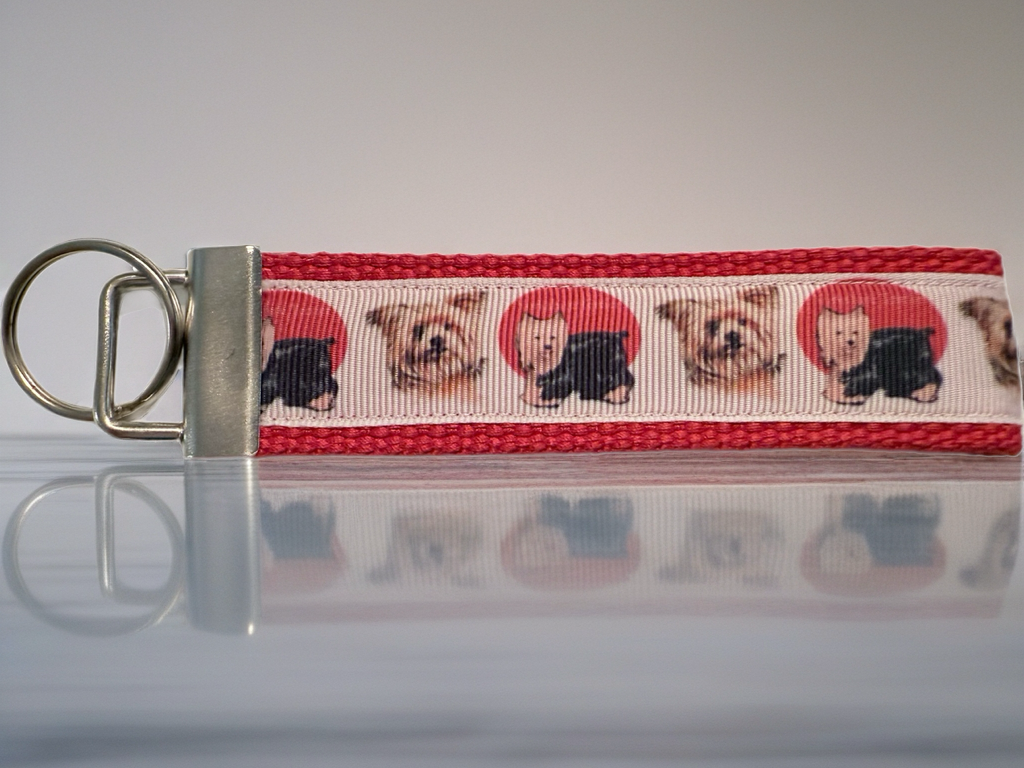 Yorkie Dog Lover Keychain Wristlet – Handmade Fabric Key Fob with Red Webbing