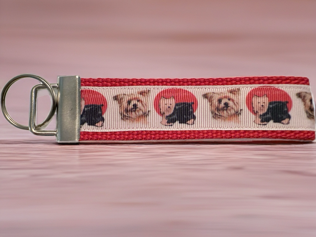Yorkie Dog Lover Keychain Wristlet – Handmade Fabric Key Fob with Red Webbing