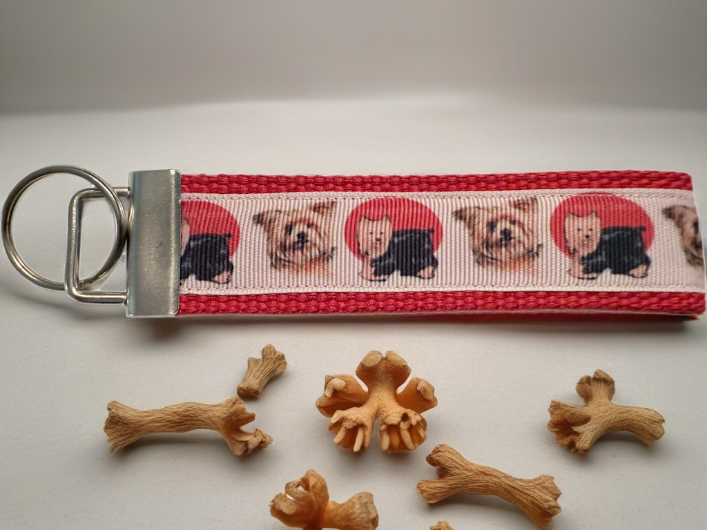 Yorkie Dog Lover Keychain Wristlet – Handmade Fabric Key Fob with Red Webbing