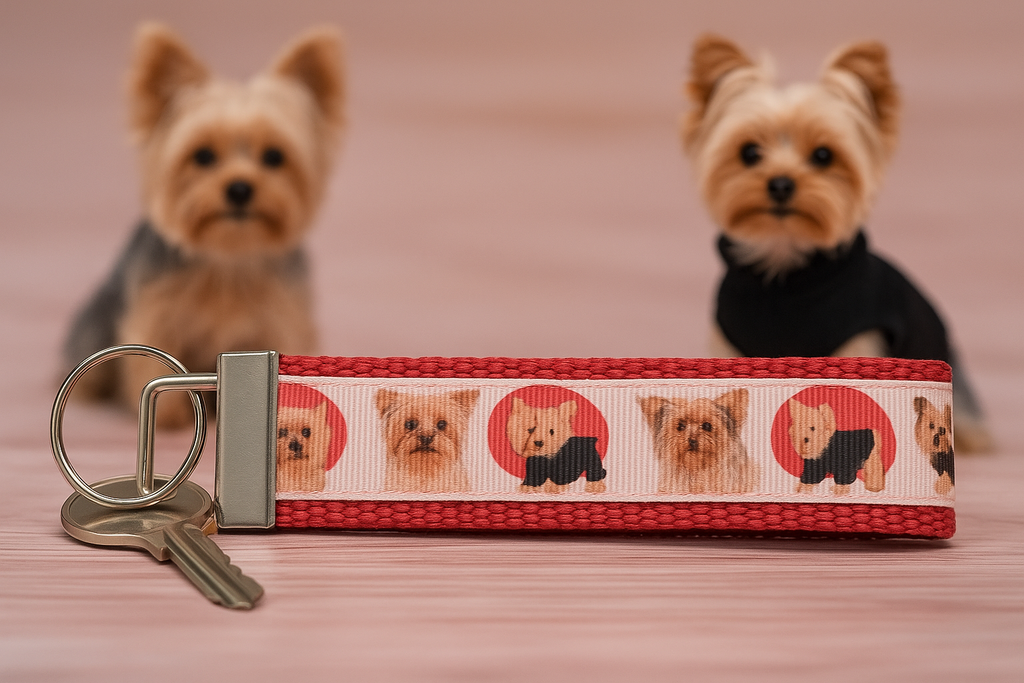 Yorkie Dog Lover Keychain Wristlet – Handmade Fabric Key Fob with Red Webbing