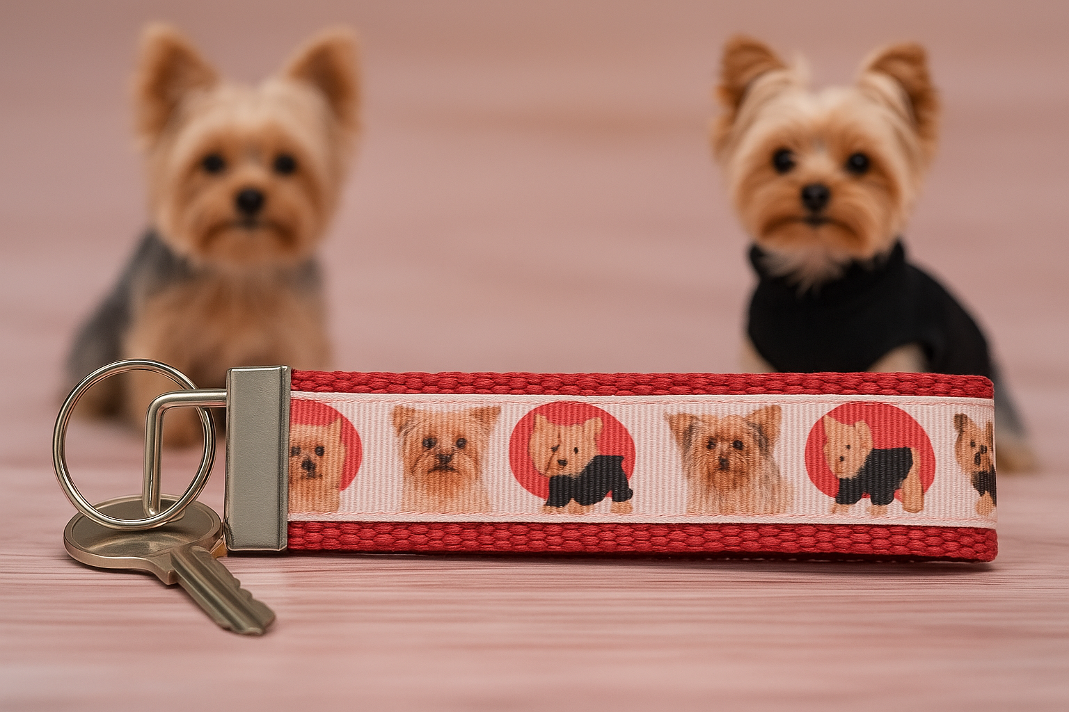 Yorkie Dog Lover Keychain Wristlet – Handmade Fabric Key Fob with Red Webbing