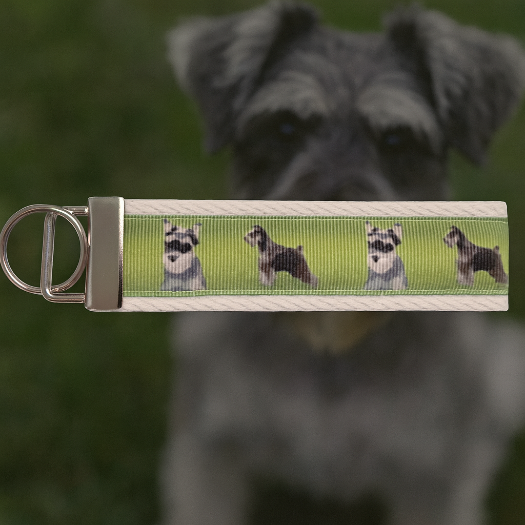 Schnauzer Lover Keychain Wristlet – Black & White Webbing Options