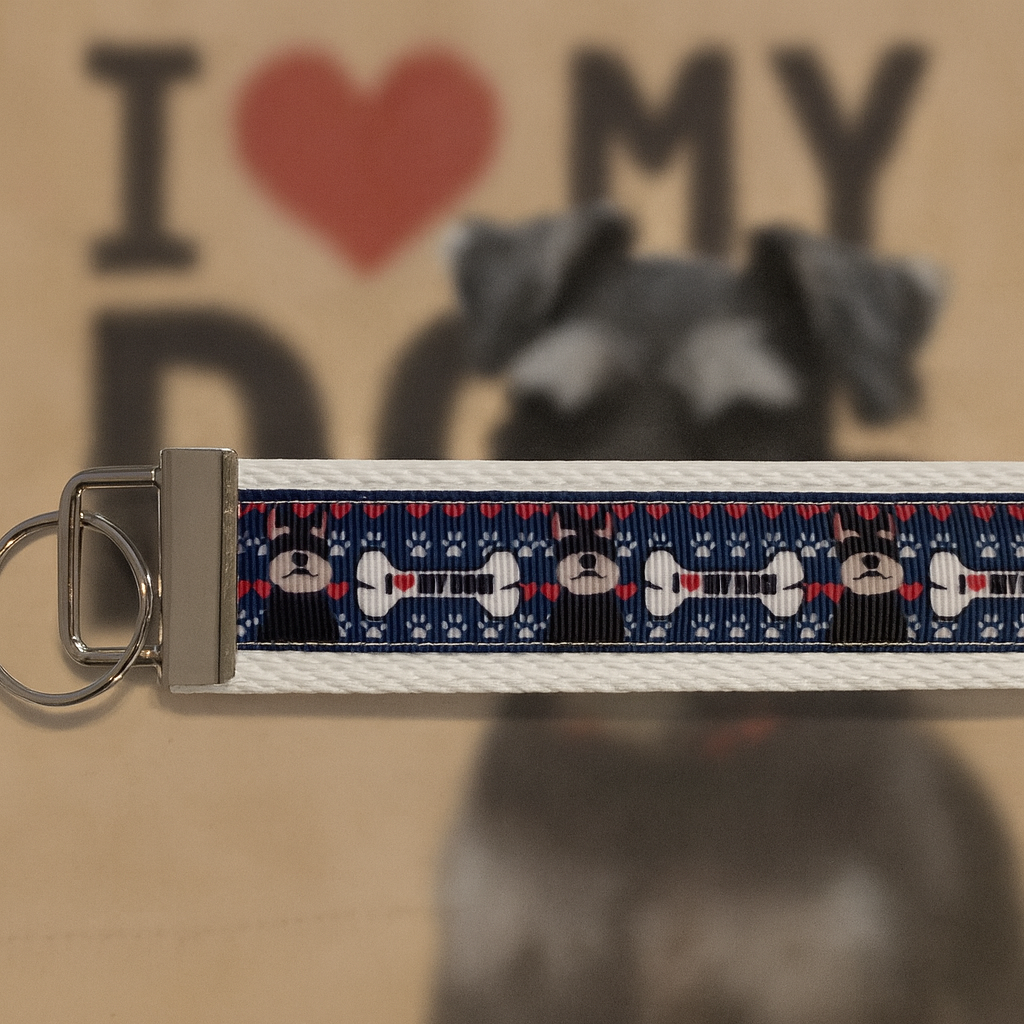 I Love My Dog Schnauzer Keychain Wristlet – White Webbing
