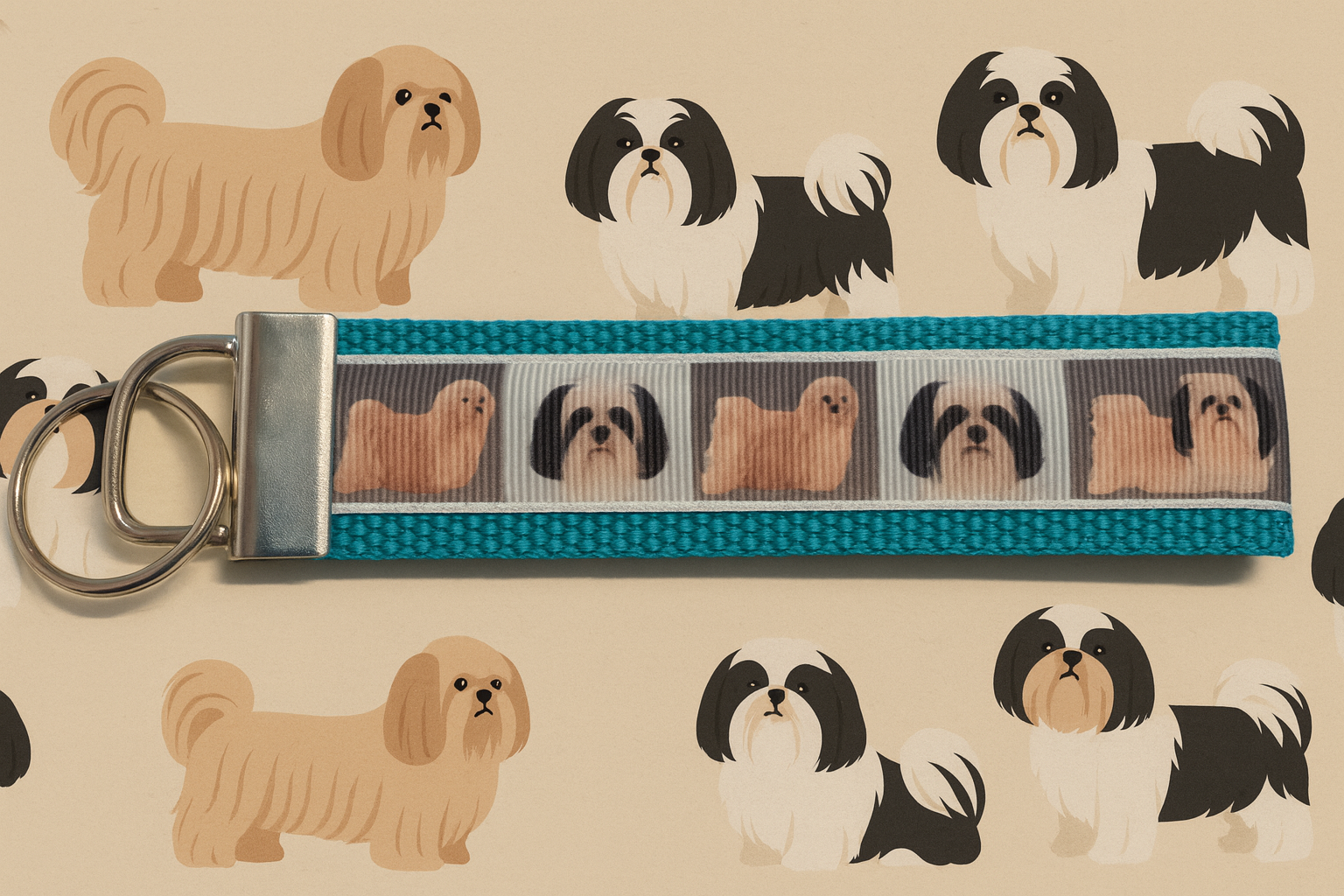 Shih Tzu Dog Lover Keychain Wristlet – Turquoise Webbing