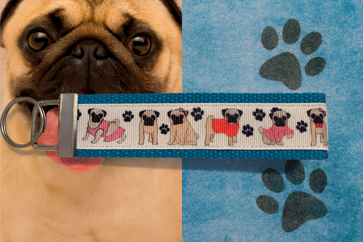 Pug Lover’s Wristlet Keychain – Dressed-Up Pug Design 🐾💙