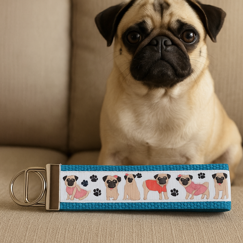 Pug Lover’s Wristlet Keychain – Dressed-Up Pug Design 🐾💙
