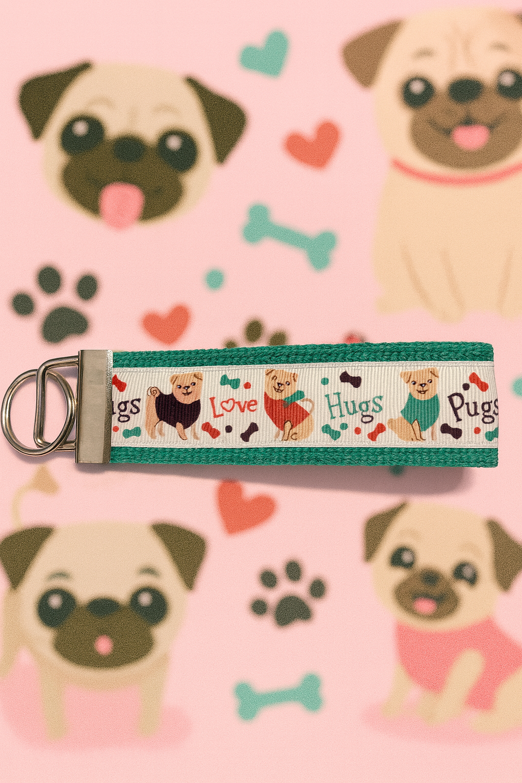 Love, Hugs, Pugs Cotton Webbing Keychain/ Wristlet/ Keyfob