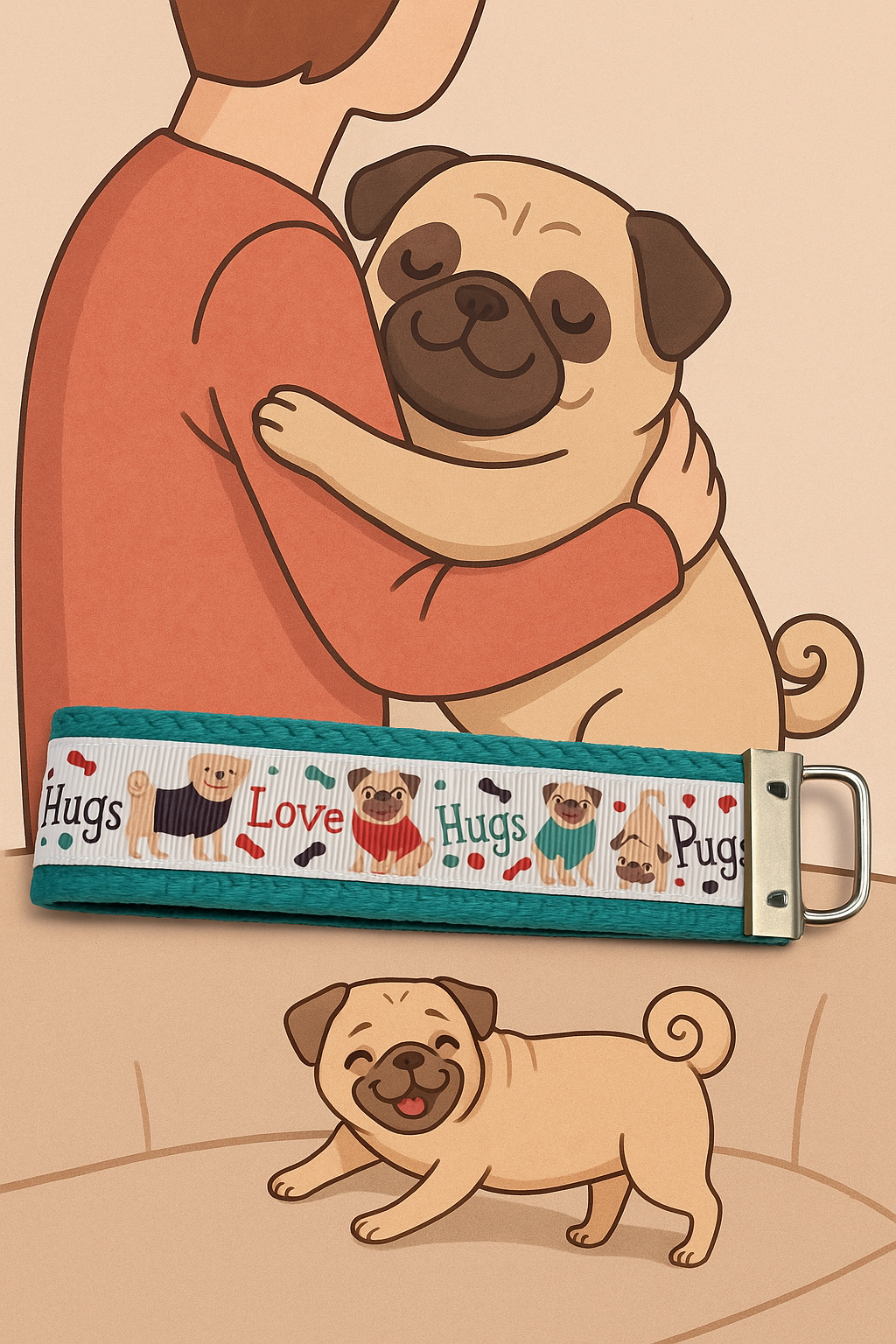 Love, Hugs, Pugs Cotton Webbing Keychain/ Wristlet/ Keyfob