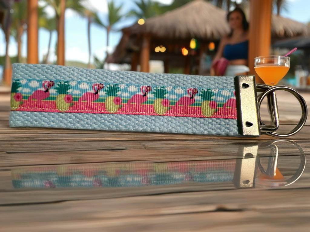 Pink Flamingo Beach Keychain Wristlet