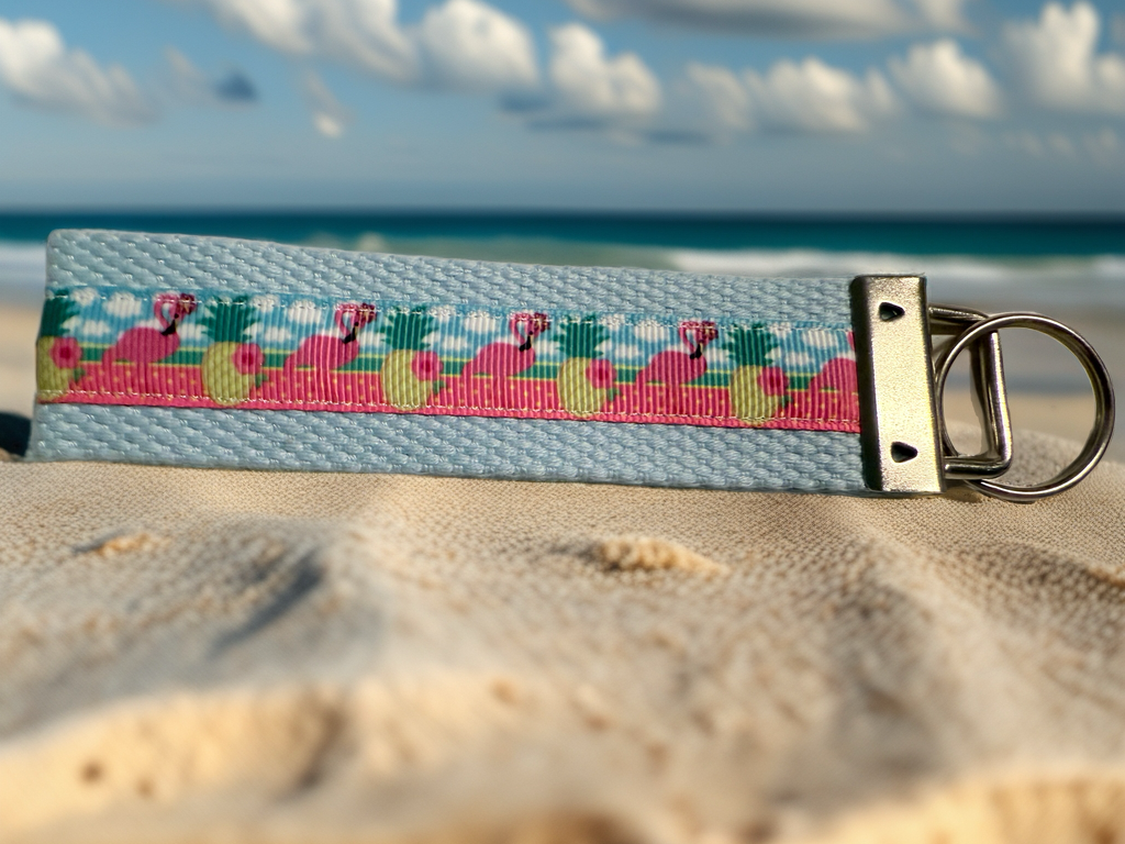 Pink Flamingo Beach Keychain Wristlet