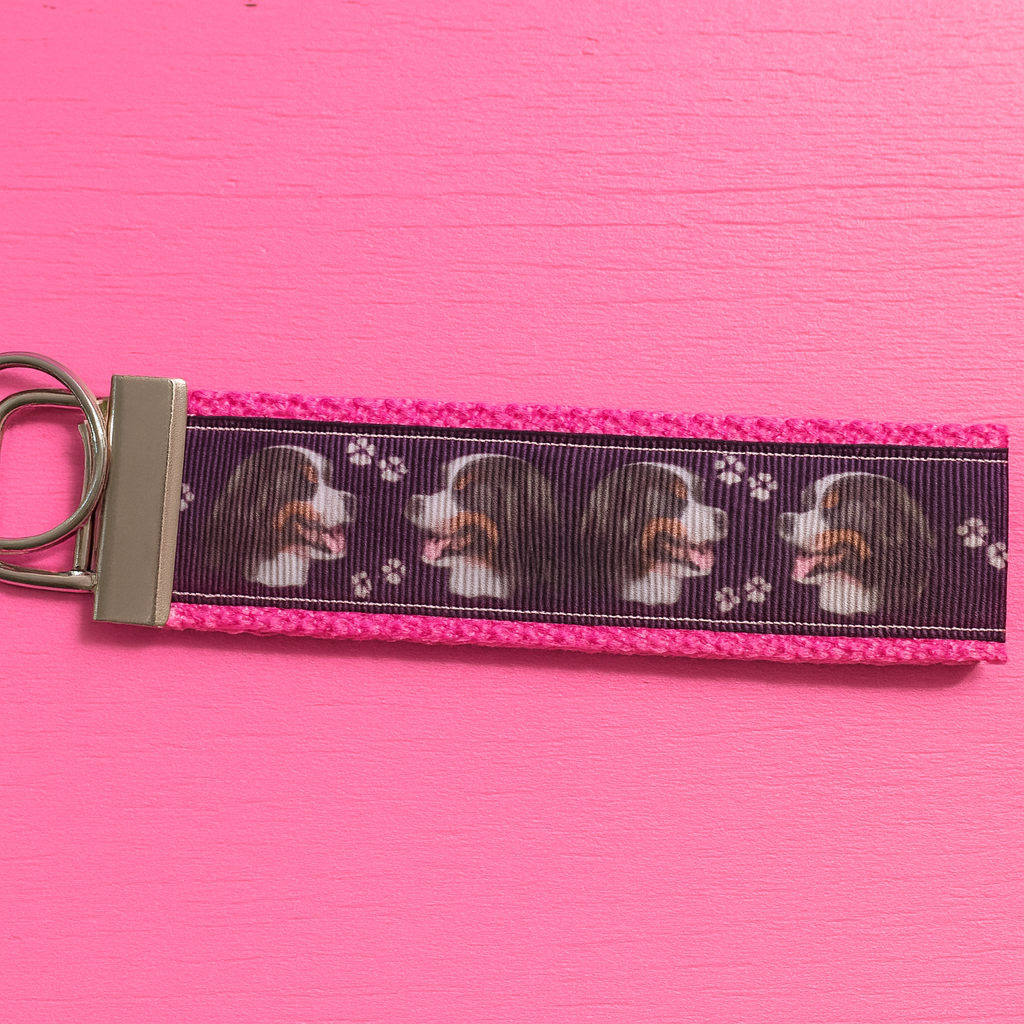 Bernese Mountain Dog Keychain Wristlet – Pink Border – Dog Lover Gift