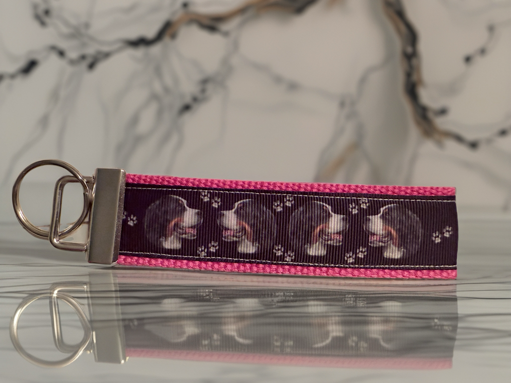 Bernese Mountain Dog Keychain Wristlet – Pink Border – Dog Lover Gift