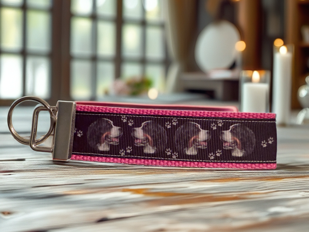 Bernese Mountain Dog Keychain Wristlet – Pink Border – Dog Lover Gift