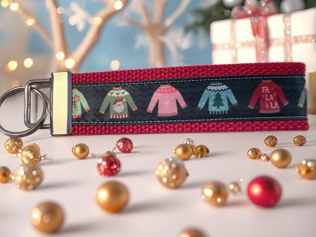 🎄 Holiday Sweater Keychain Wristlet – Christmas Key Fob