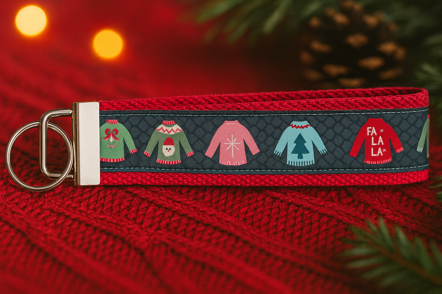 🎄 Holiday Sweater Keychain Wristlet – Christmas Key Fob