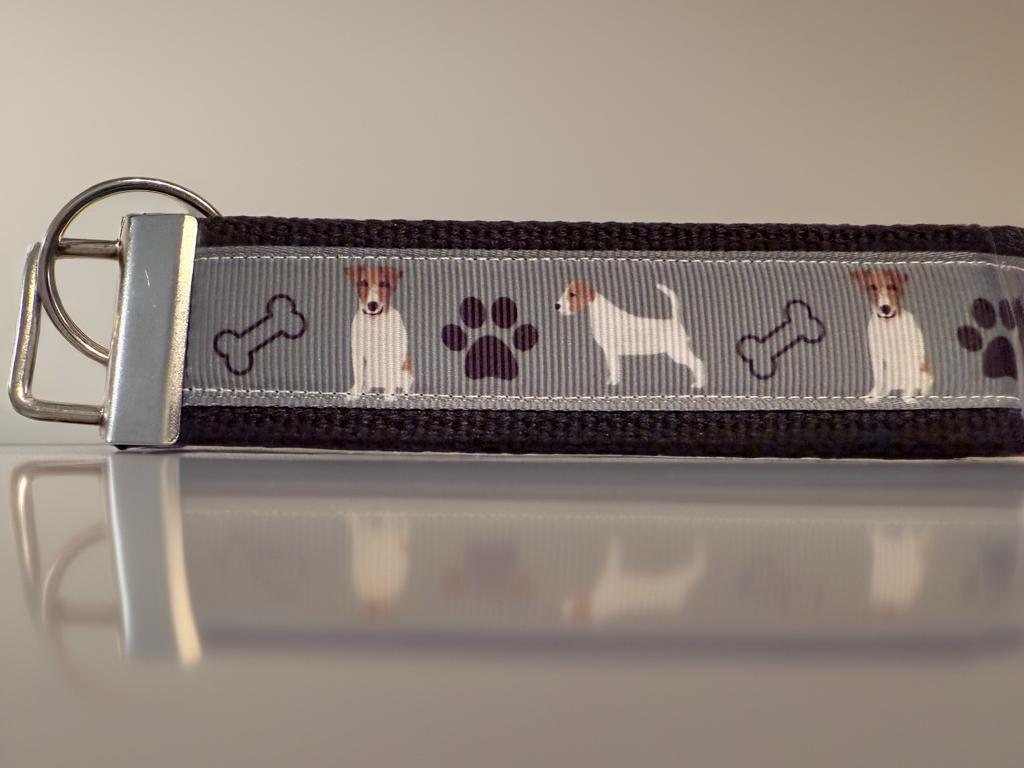 Jack Russell Terrier Wristlet Keychain – Durable Dog Lover Fabric Key Fob with Paw Prints & Bones