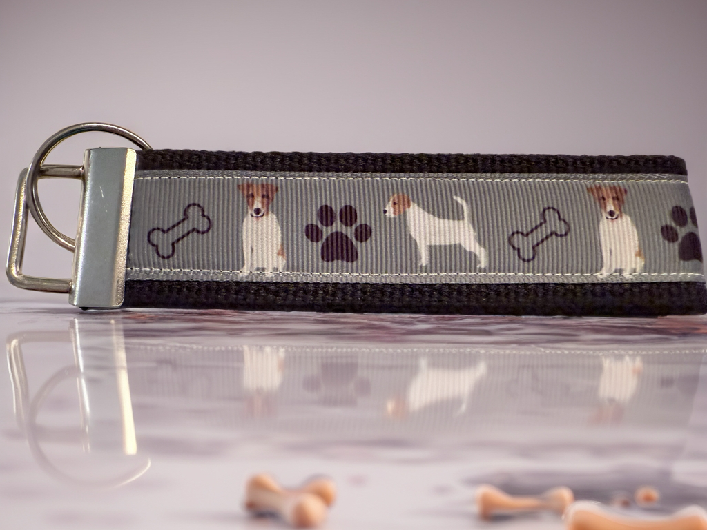 Jack Russell Terrier Wristlet Keychain – Durable Dog Lover Fabric Key Fob with Paw Prints & Bones