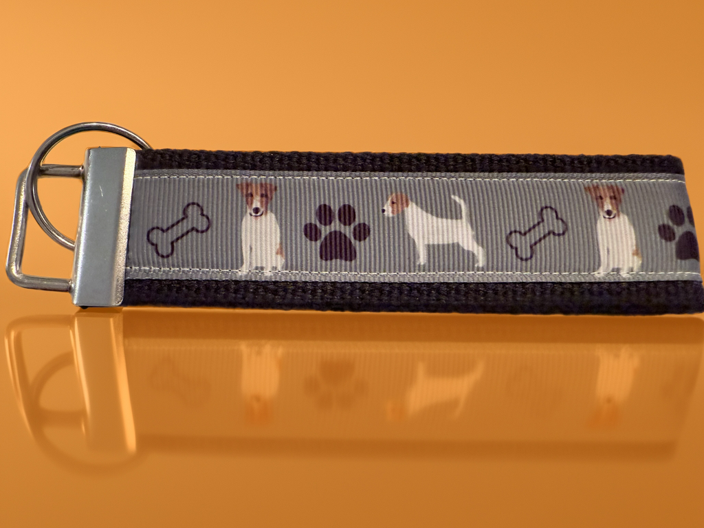 Jack Russell Terrier Wristlet Keychain – Durable Dog Lover Fabric Key Fob with Paw Prints & Bones