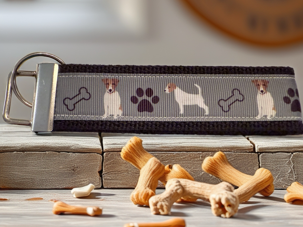 Jack Russell Terrier Wristlet Keychain – Durable Dog Lover Fabric Key Fob with Paw Prints & Bones