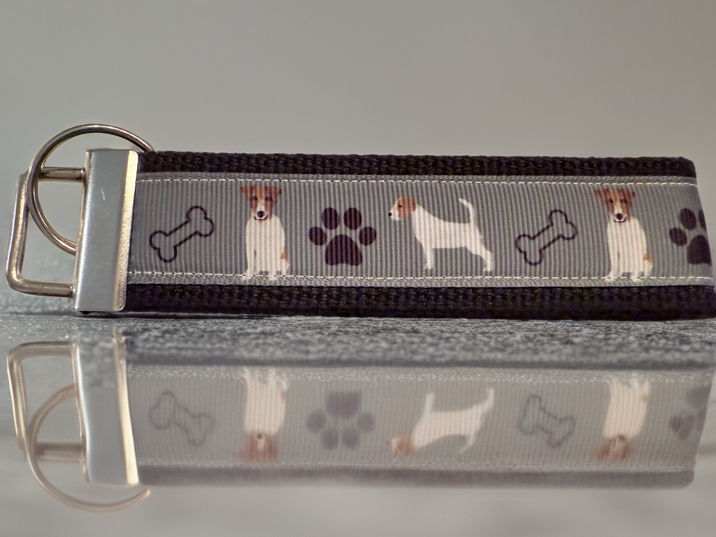 Jack Russell Terrier Wristlet Keychain – Durable Dog Lover Fabric Key Fob with Paw Prints & Bones