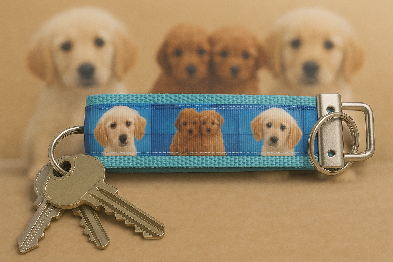 Doodle Dog Keychain with Blue Plaid Background – Cute Puppy Gift for Dog Lovers