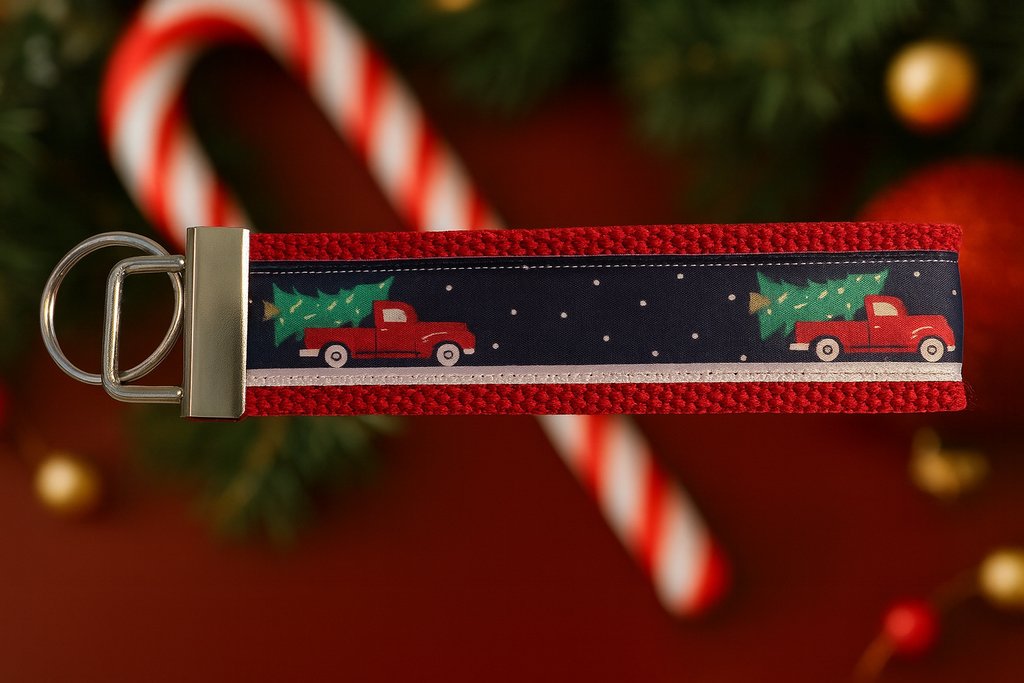 Christmas Red Truck Keychain – Holiday Wristlet Key Fob with Vintage Truck & Tree