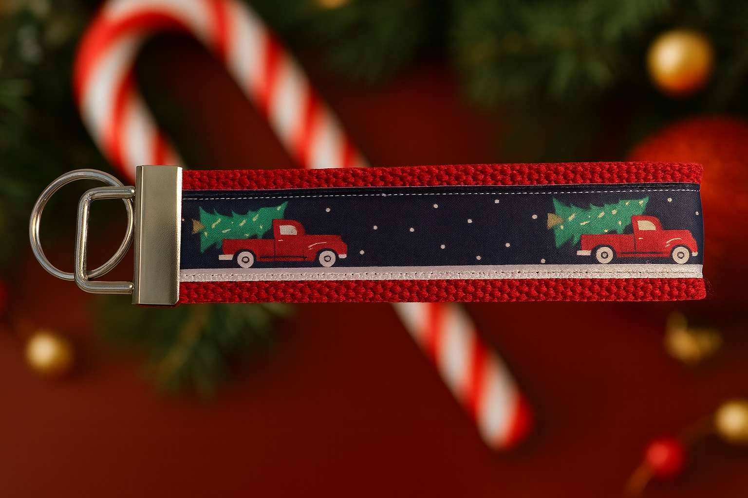 Christmas Red Truck Keychain – Holiday Wristlet Key Fob with Vintage Truck & Tree