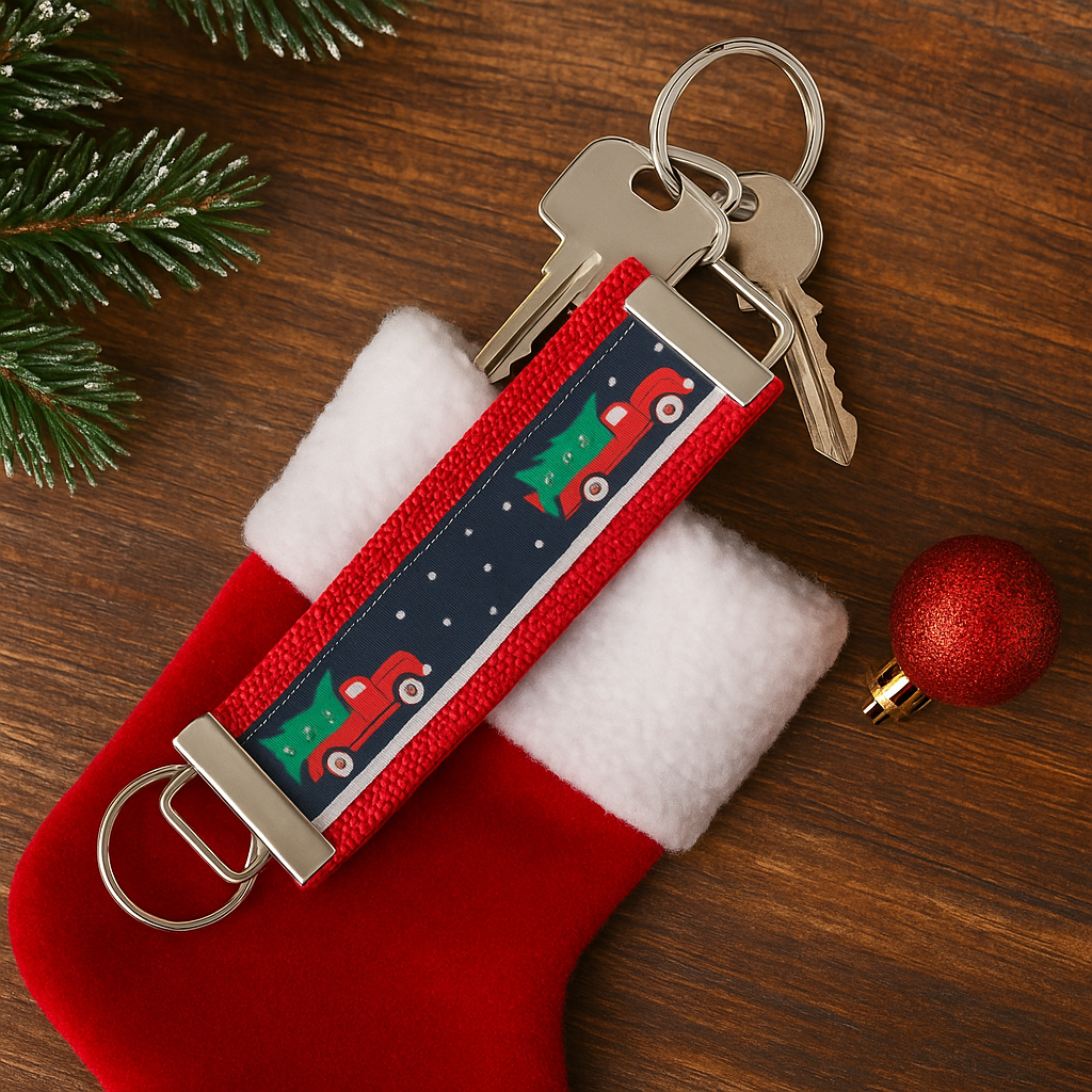 Christmas Red Truck Keychain – Holiday Wristlet Key Fob with Vintage Truck & Tree