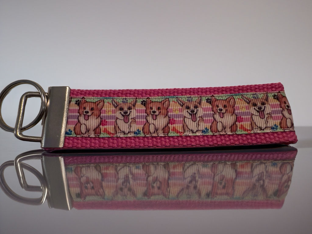 Corgi Keychain Wristlet – Cute Dog Lover Gift, Pink Fabric Key Fob