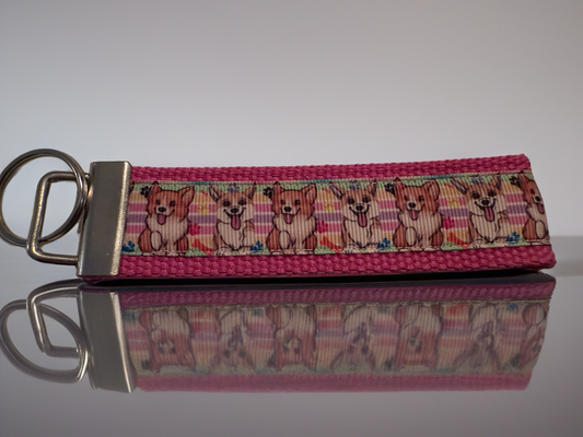 Corgi Keychain Wristlet – Cute Dog Lover Gift, Pink Fabric Key Fob