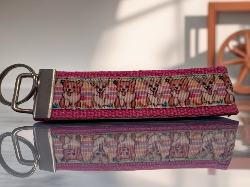 Corgi Keychain Wristlet – Cute Dog Lover Gift, Pink Fabric Key Fob