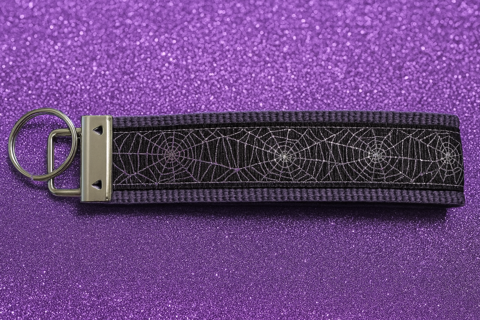 Halloween Spiderweb Keychain Wristlet – Sparkly Purple & Black Key Fob