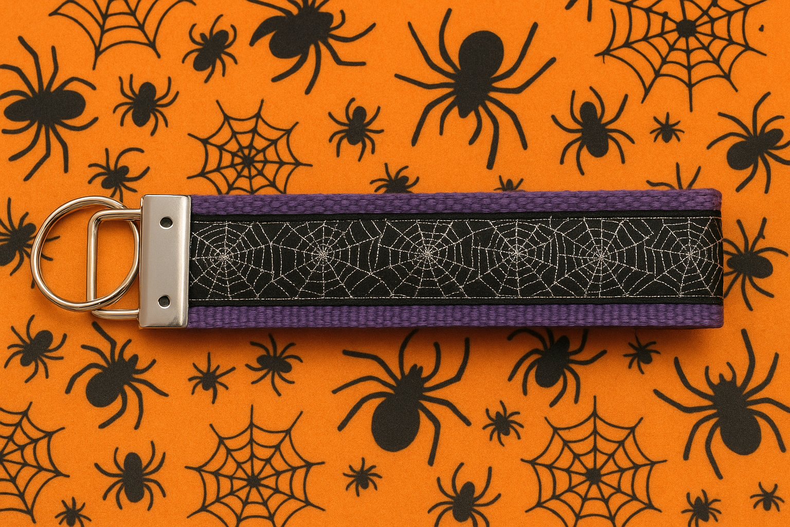 Halloween Spiderweb Keychain Wristlet – Sparkly Purple & Black Key Fob