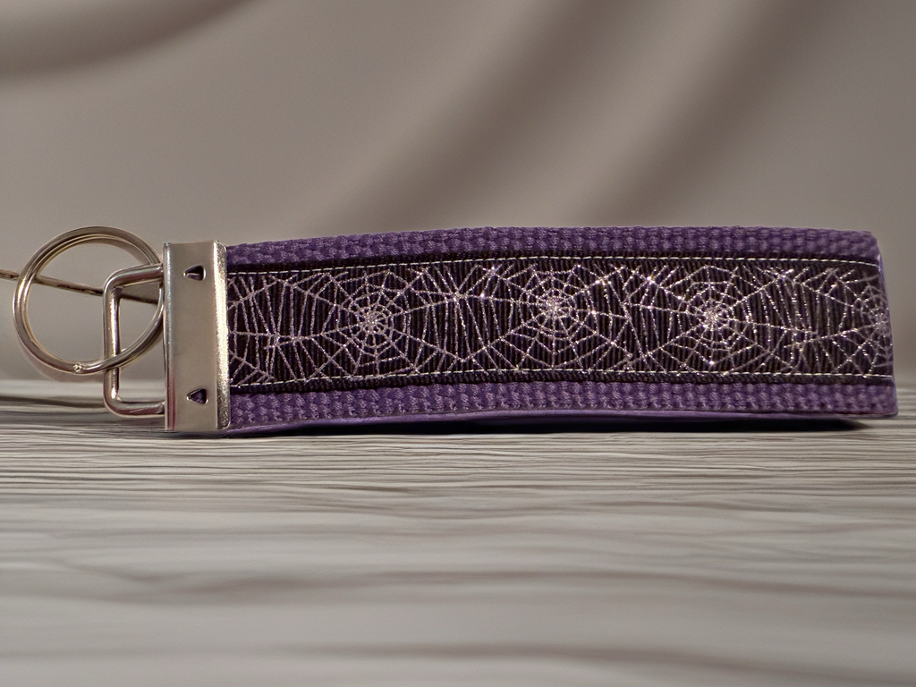 Halloween Spiderweb Keychain Wristlet – Sparkly Purple & Black Key Fob