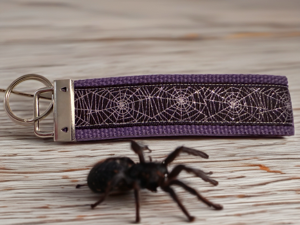 Halloween Spiderweb Keychain Wristlet – Sparkly Purple & Black Key Fob