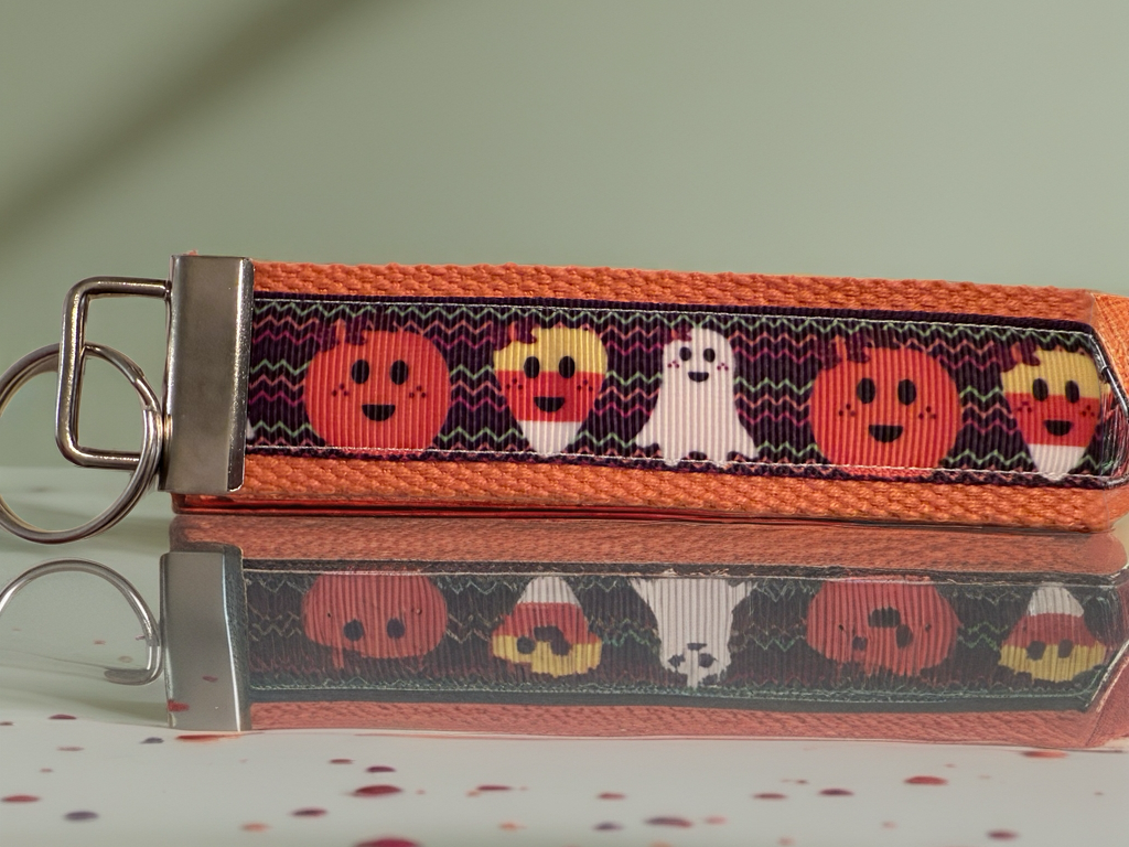 Halloween Keychain Wristlet – Pumpkin, Ghost & Candy Corn Key Fob