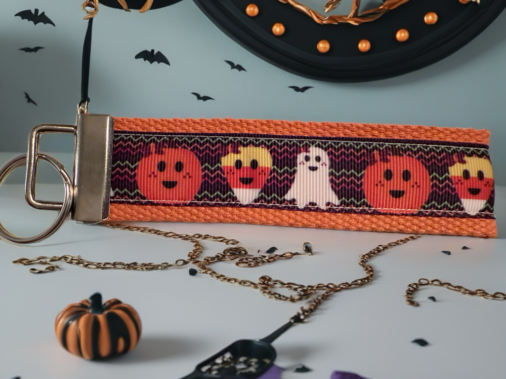Halloween Keychain Wristlet – Pumpkin, Ghost & Candy Corn Key Fob