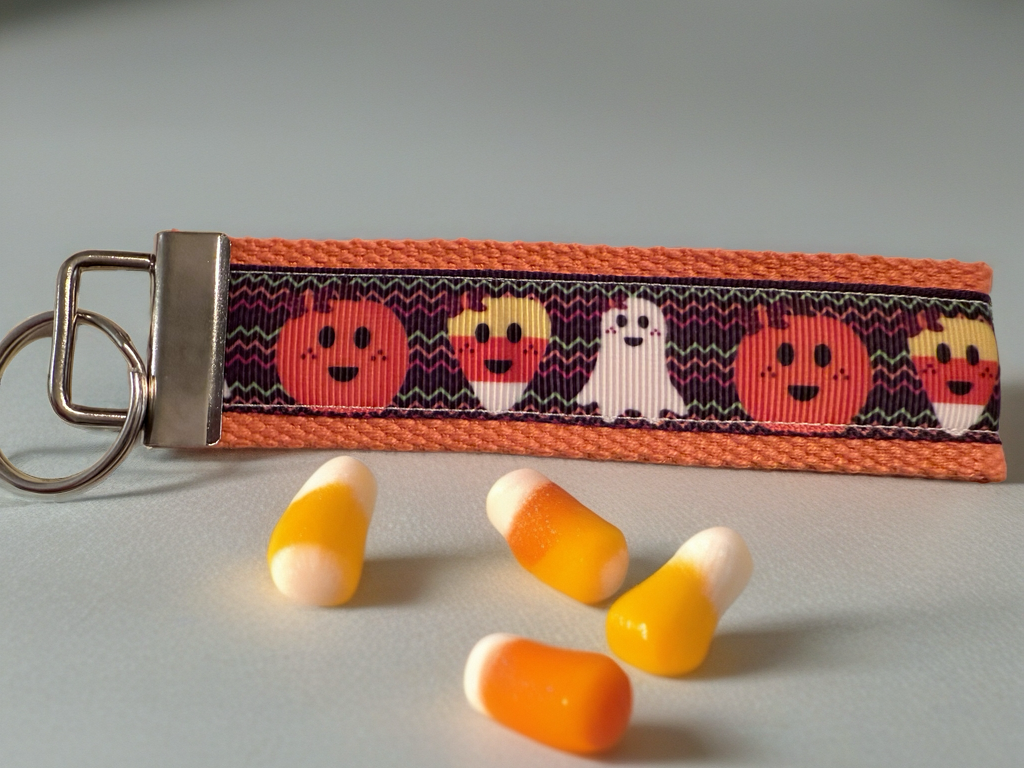 Halloween Keychain Wristlet – Pumpkin, Ghost & Candy Corn Key Fob
