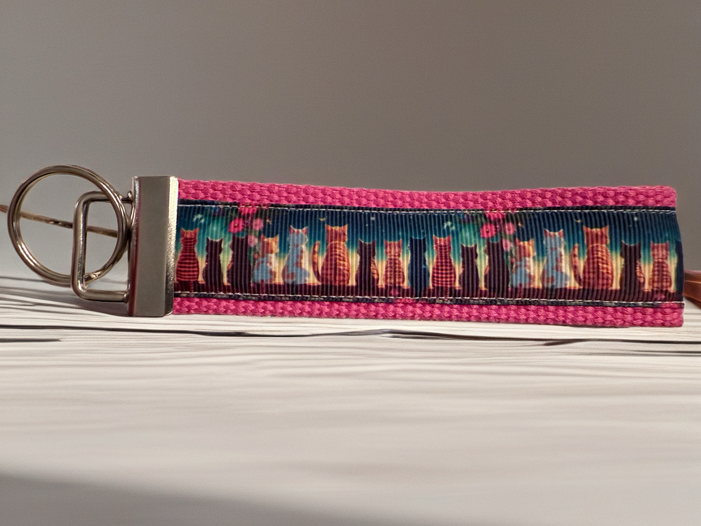 Colorful Cat Silhouette Wristlet Keychain | Pink Handmade Fabric Key Fob for Cat Lovers | Cute Feline Gift Accessory