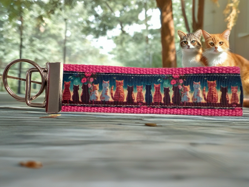 Colorful Cat Silhouette Wristlet Keychain | Pink Handmade Fabric Key Fob for Cat Lovers | Cute Feline Gift Accessory