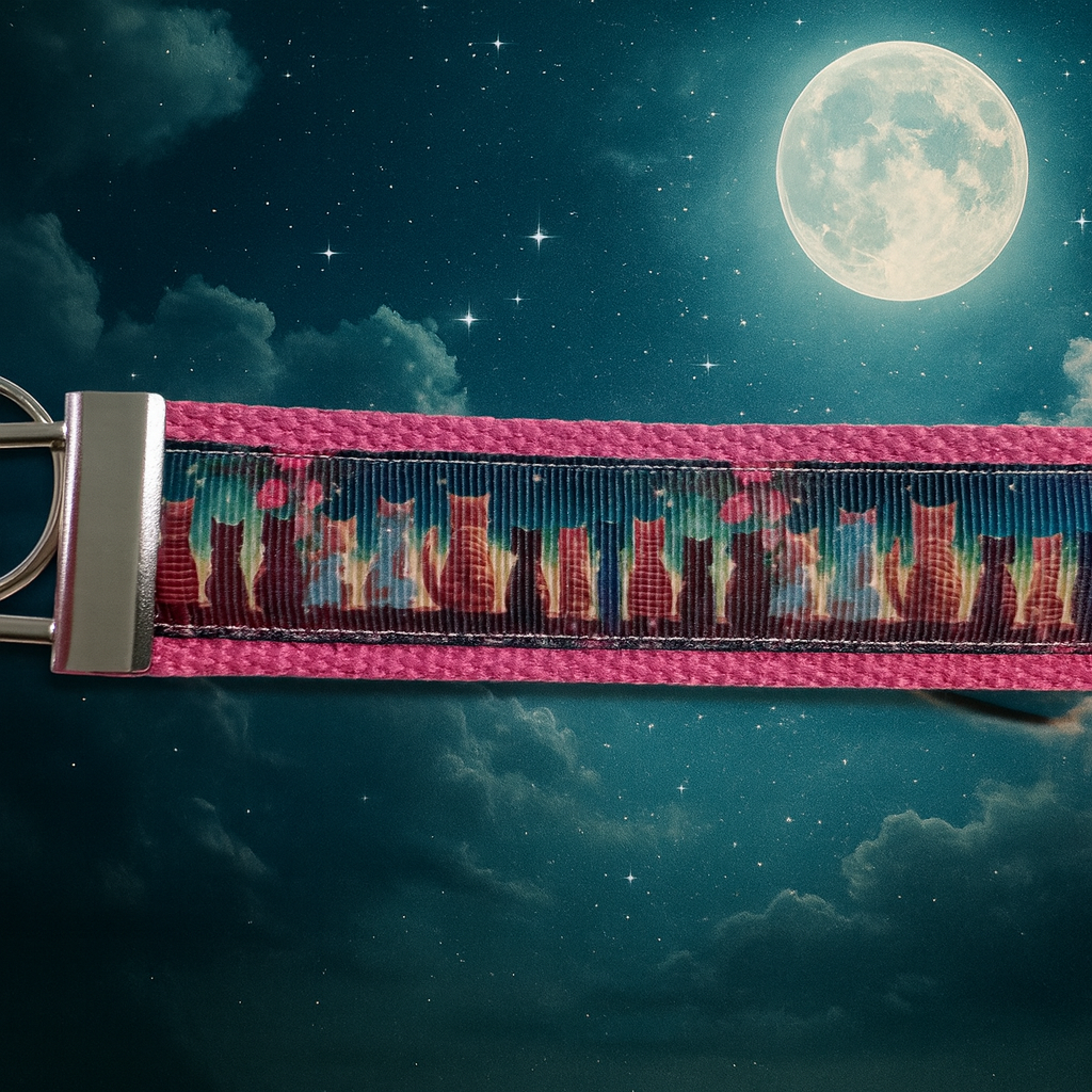 Colorful Cat Silhouette Wristlet Keychain | Pink Handmade Fabric Key Fob for Cat Lovers | Cute Feline Gift Accessory