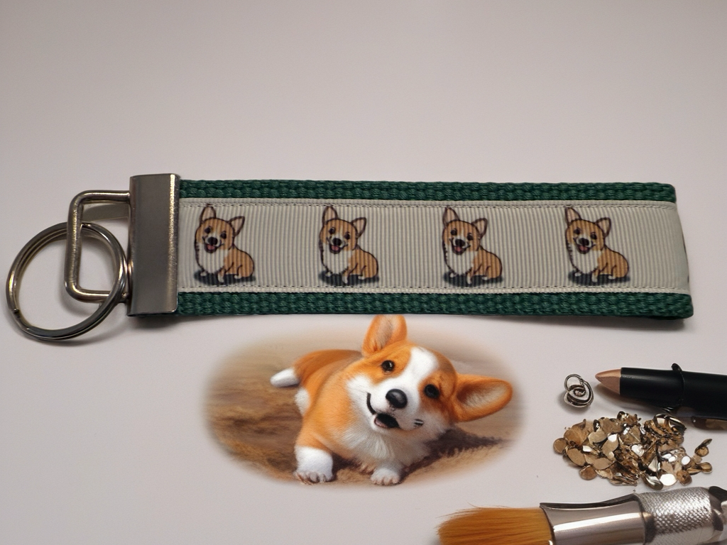 Corgi Keychain Wristlet – Green Dog Lover Gift, Cute Handmade Accessory